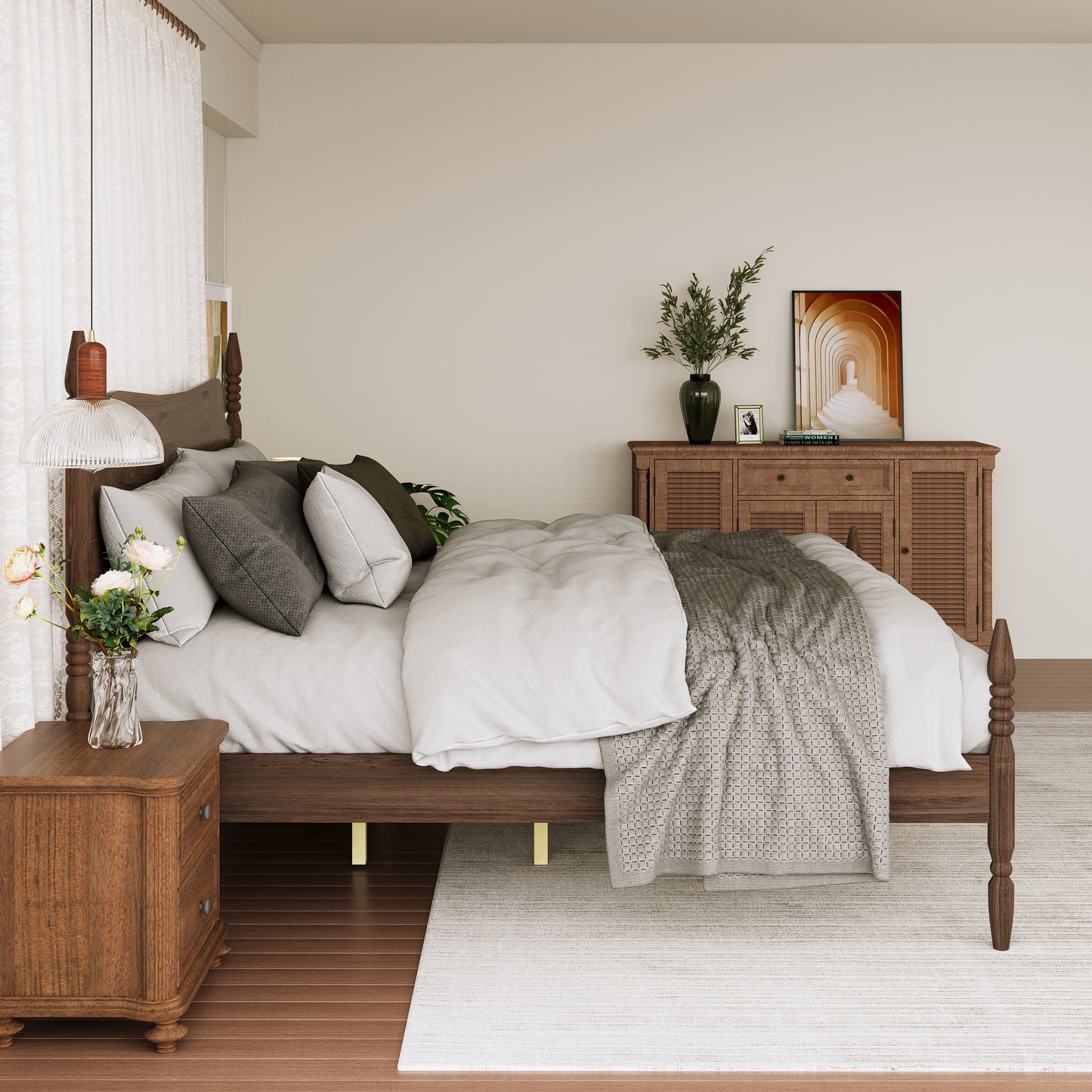 (ETA:6.4-NJ:120) King Size Platform Bed Frame, Spindle Bed with Curved Tall Headboard, No Box Spring Needed, Retro Four Poster Bed, Walnut image 5