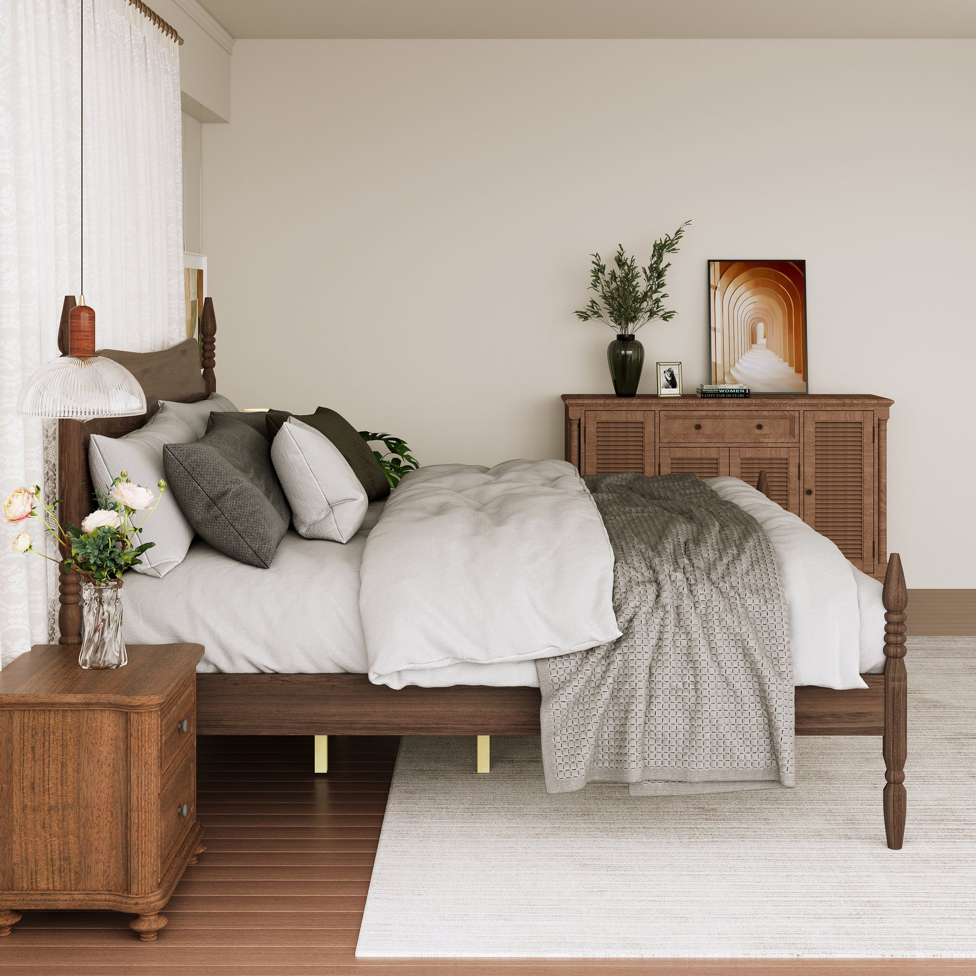 (ETA:6.4-NJ:120) King Size Platform Bed Frame, Spindle Bed with Curved Tall Headboard, No Box Spring Needed, Retro Four Poster Bed, Walnut image 5