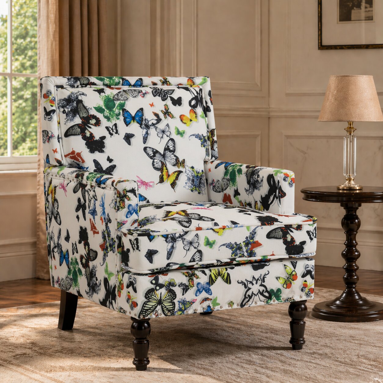 Upholstered Accent Chair, Vintage Armchair with butterfly Linen Fabric and Nailhead Trim for Living Room image 1