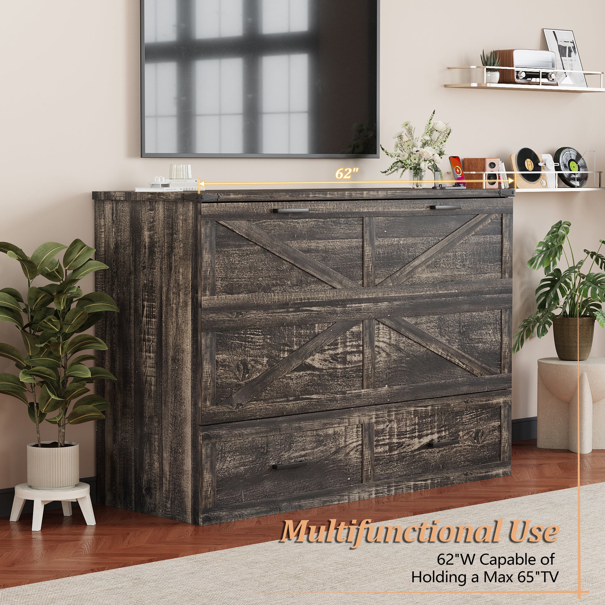 Queen Murphy Bed with Charging Station,Farmhouse Murphy Cabinet Bed with Large Storage Drawer,Hideaway Foldable Platform Bed for Guest Bedroom, Living Room, Office,Small Room,Pull out Bed,Rustic Grey image 9
