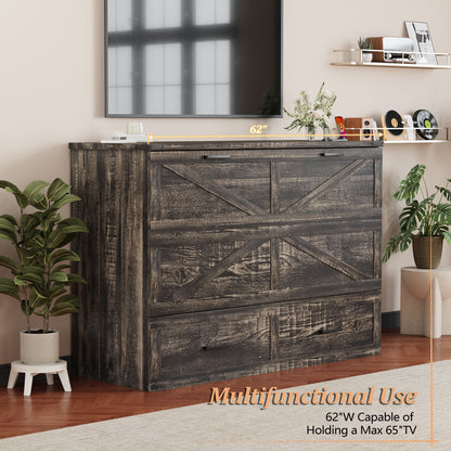 Queen Murphy Bed with Charging Station,Farmhouse Murphy Cabinet Bed with Large Storage Drawer,Hideaway Foldable Platform Bed for Guest Bedroom, Living Room, Office,Small Room,Pull out Bed,Rustic Grey image 9