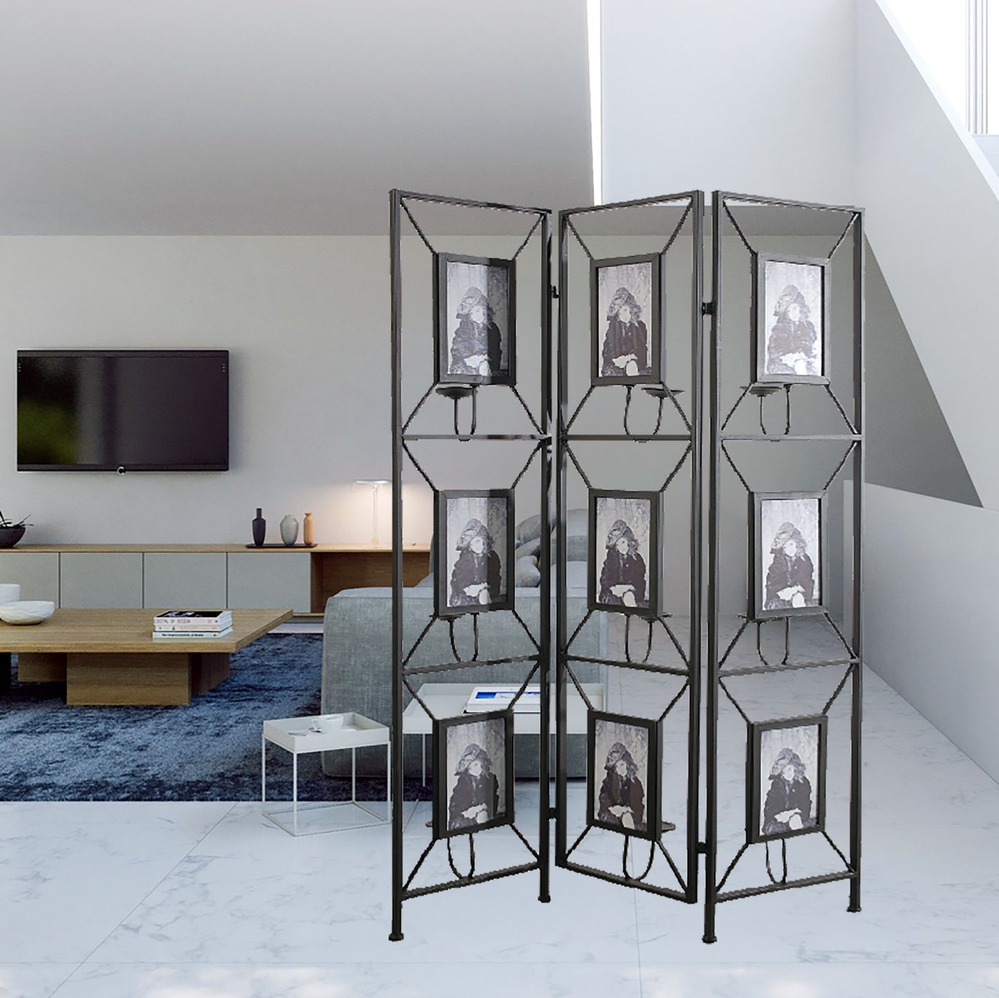 47x71" Room Photo Frames Screen Divider Screens, 3 Panel Decorative Screen with Photo Frames, Antique Mirror, Candle Sti image 6