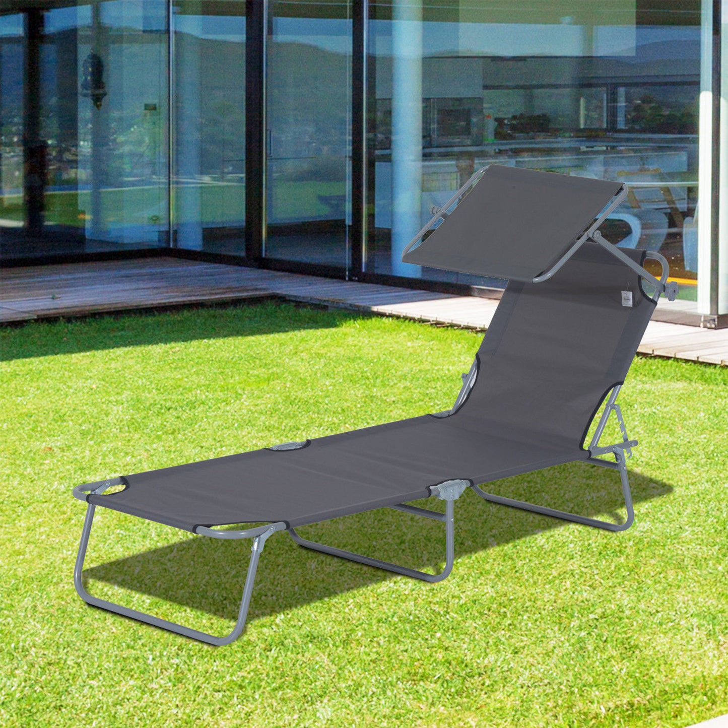 Outsunny Outdoor Lounge Chair, Adjustable Folding Chaise Lounge, Tanning Chair with Sun Shade for Beach, Camping, Hiking, Backyard, Gray image 2