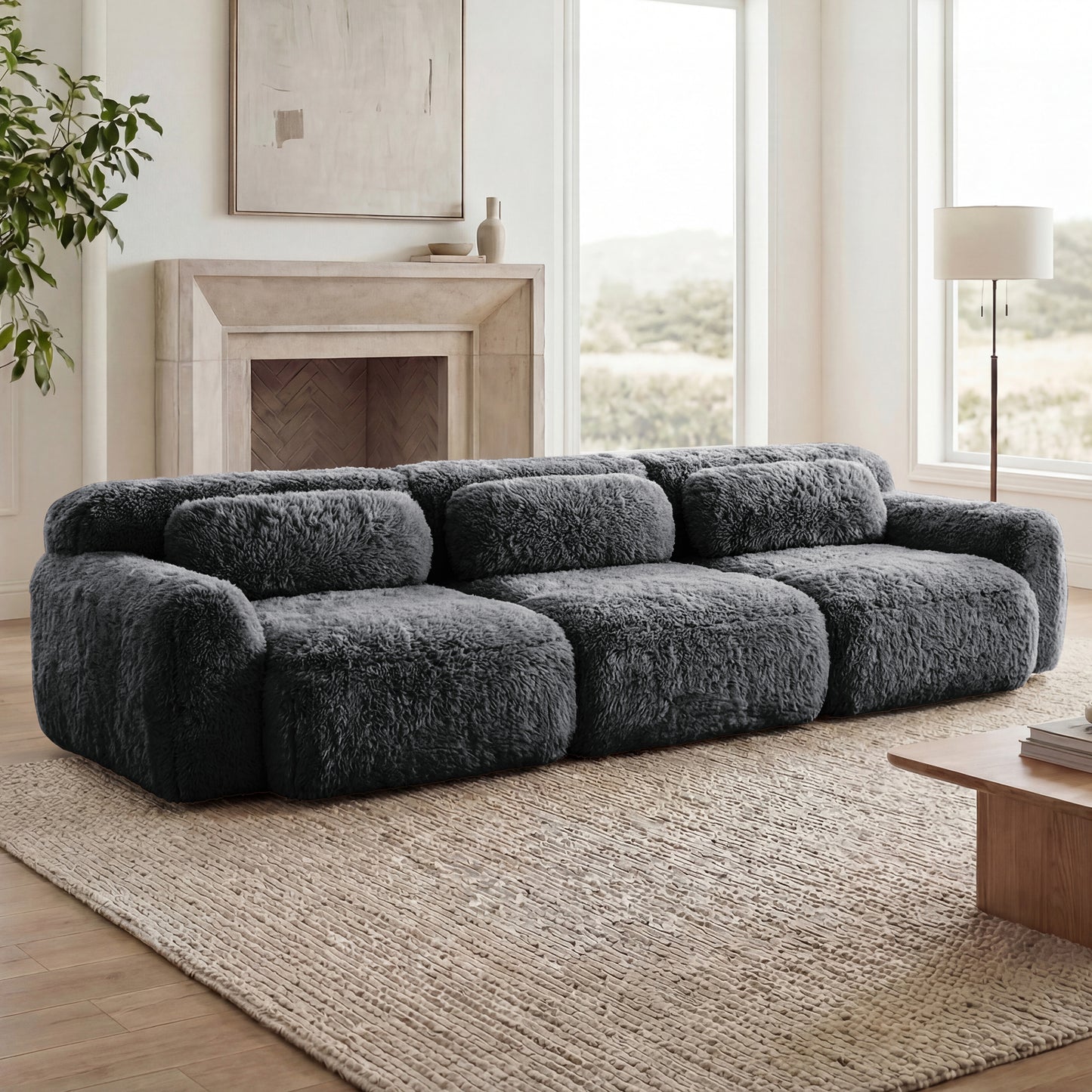 114''Soft And Fluffy Plush Fabric,Modular Sectional Sofa Couches,Ergonomic Design With Throw Pillows,Full-compression Vacuum Packaging Buckle Connection For Study,Home Theater,Dark Grey image 3