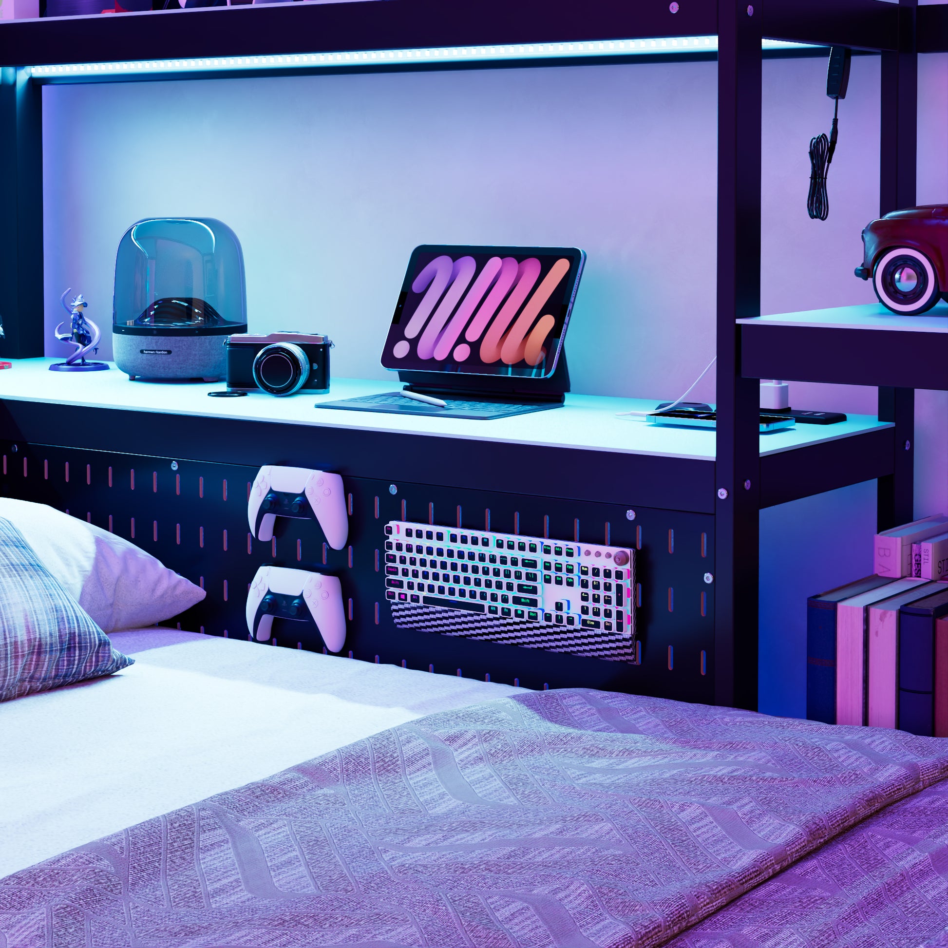 Twin Size Gaming Daybed with Integrated Desk and LED Light, Modern Wooden Bed Frame with 3 Storage Drawers and Built-in Charging Station, Multi-Functional Headboard Bookcase, Black+Blue image 8