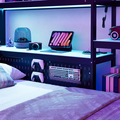 Twin Size Gaming Daybed with Integrated Desk and LED Light, Modern Wooden Bed Frame with 3 Storage Drawers and Built-in Charging Station, Multi-Functional Headboard Bookcase, Black+Blue image 8
