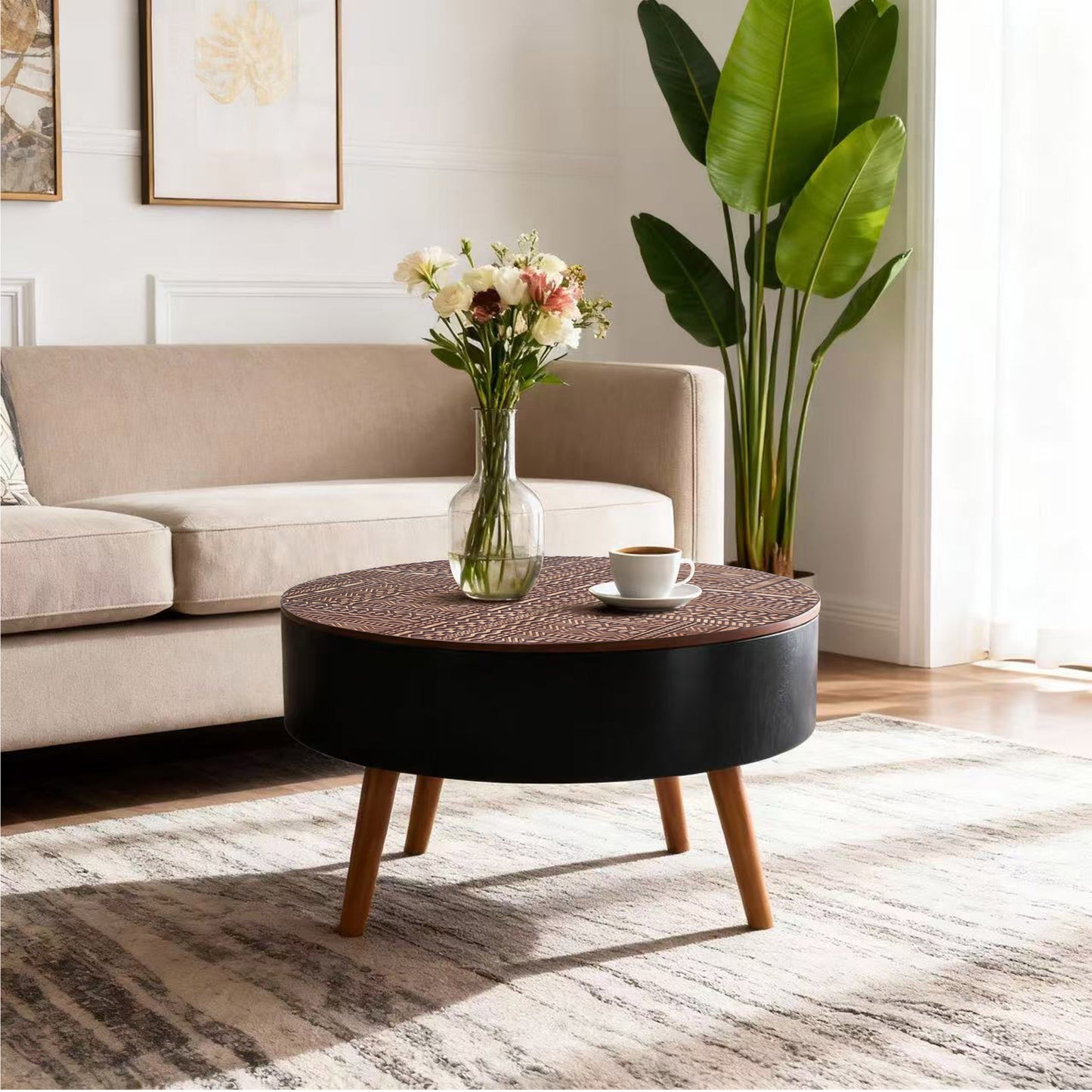 31.5" Round Carved Coffee Table with Storage Space, Mid-Century Modern Wooden Tea Table for Living Room, Apartment, Office,Brown+ Black. image 6