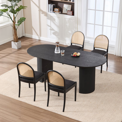 Rattan Dining Chairs Set of 2, Upholstered Linen Dining Room Chairs with Backrests, Modern Kitchen Chairs with Wood Legs for Dining Room, Black image 7