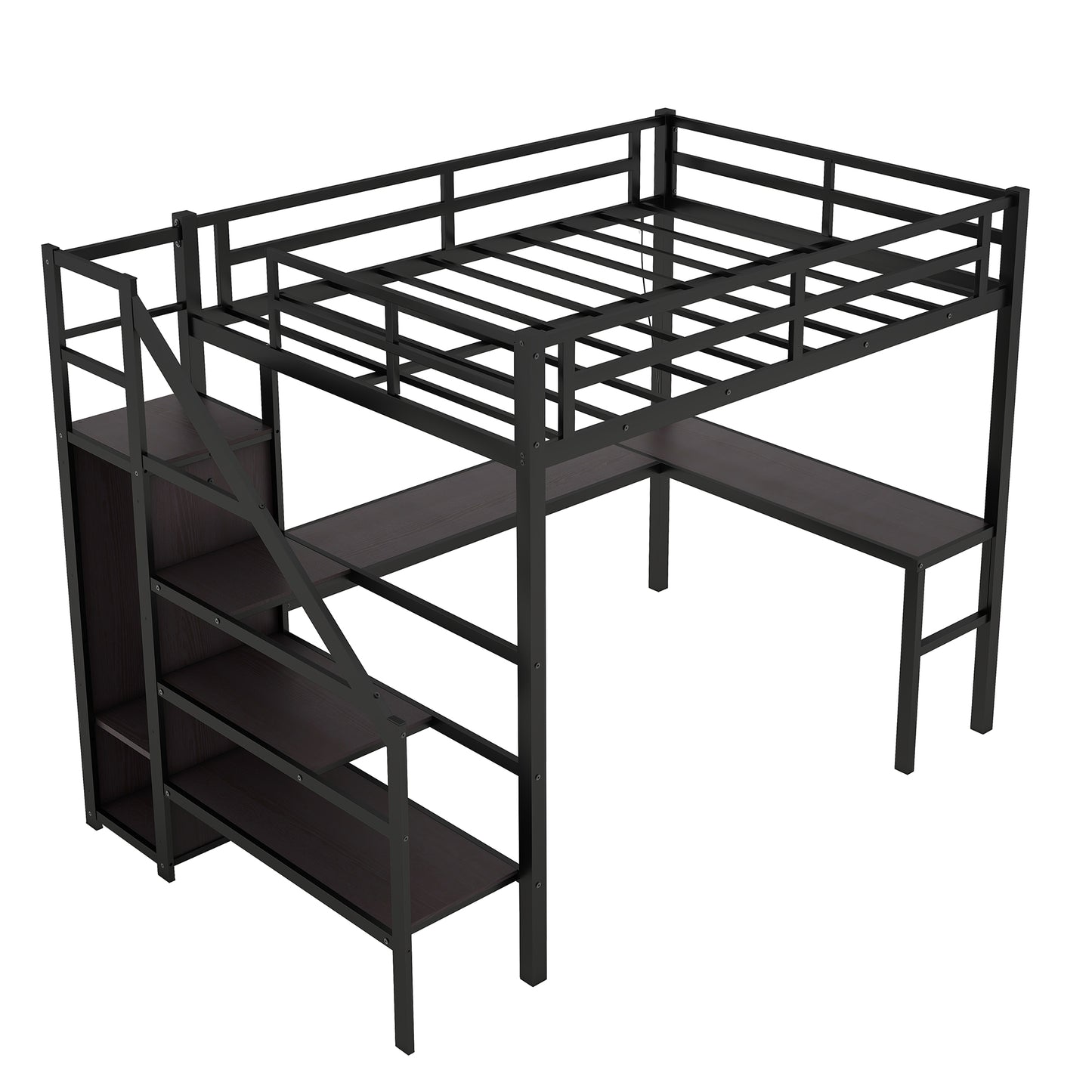 Twin XL Size Loft Bed with L-shaped Desk and USB, Metal Loft Bed with Wardrobe and Adjustable Shelf, High Loft Bed with LED for Kids Teens Adults, Black image 6