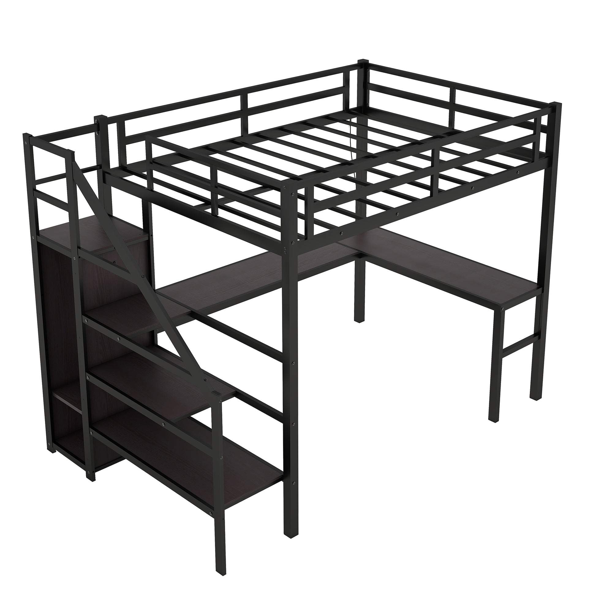 Twin XL Size Loft Bed with L-shaped Desk and USB, Metal Loft Bed with Wardrobe and Adjustable Shelf, High Loft Bed with LED for Kids Teens Adults, Black image 6