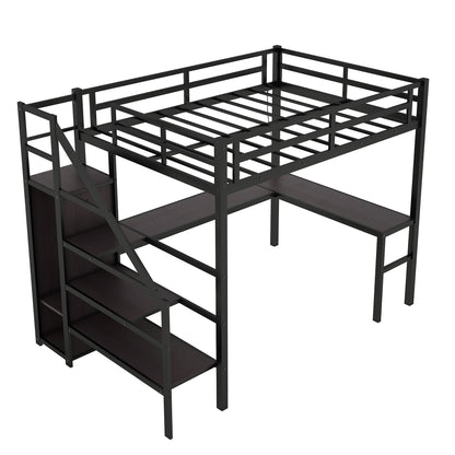 Twin XL Size Loft Bed with L-shaped Desk and USB, Metal Loft Bed with Wardrobe and Adjustable Shelf, High Loft Bed with LED for Kids Teens Adults, Black image 6
