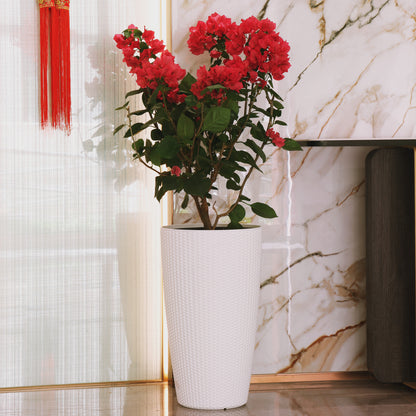 Set of 2 Faux Rattan Tall Planters Outdoor Indoor Large Planters with Water Level Monitor Inner Bucket, Automatic Watering, Flower Plant Pots for Garden, Patio, Porch, Backyard (White, 22 inch) image 12