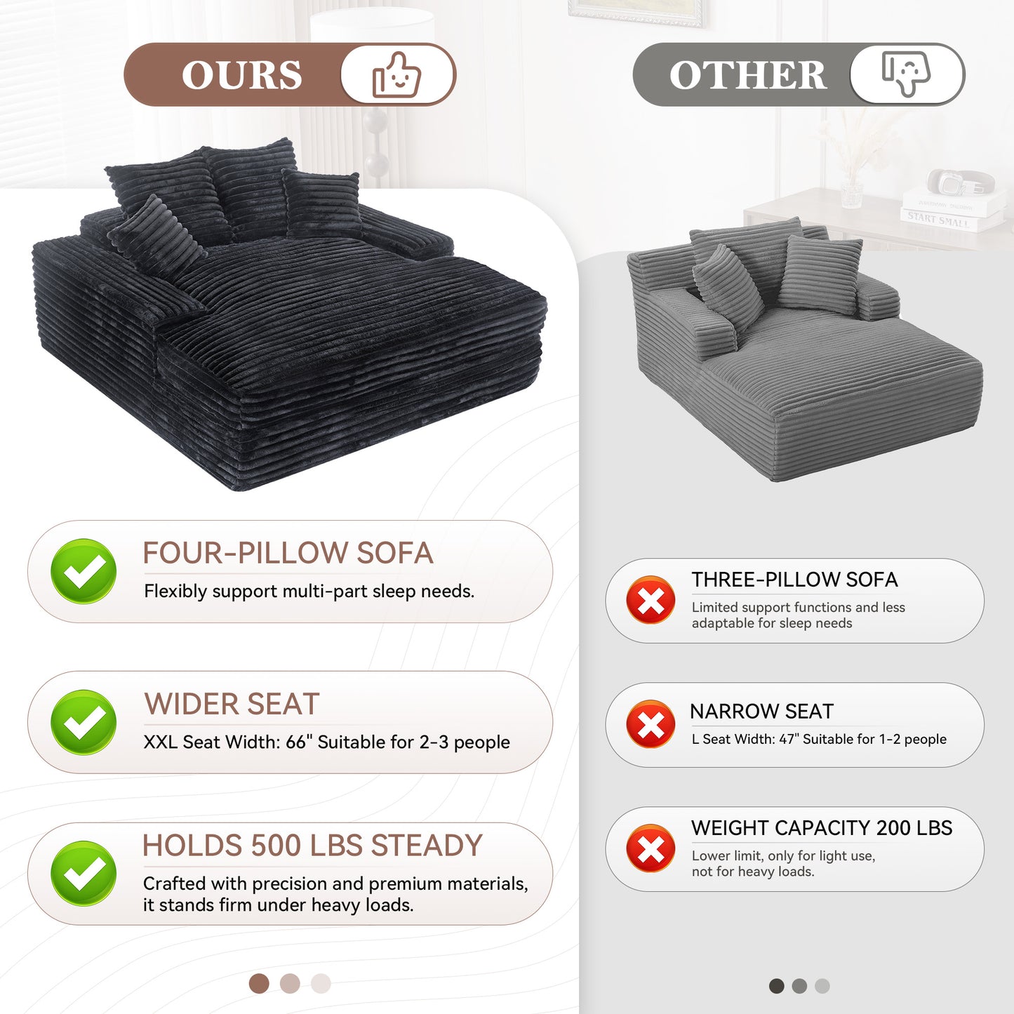 028DR-Oversized chaise Lounge chair, Upholstered Sleeper Sofa Bed with 4 Throw Pillows and Armrests, Corduroy Fabric Plush Lounge Chair Bed for Living Room, Apartment & Small Spaces, Gray image 5