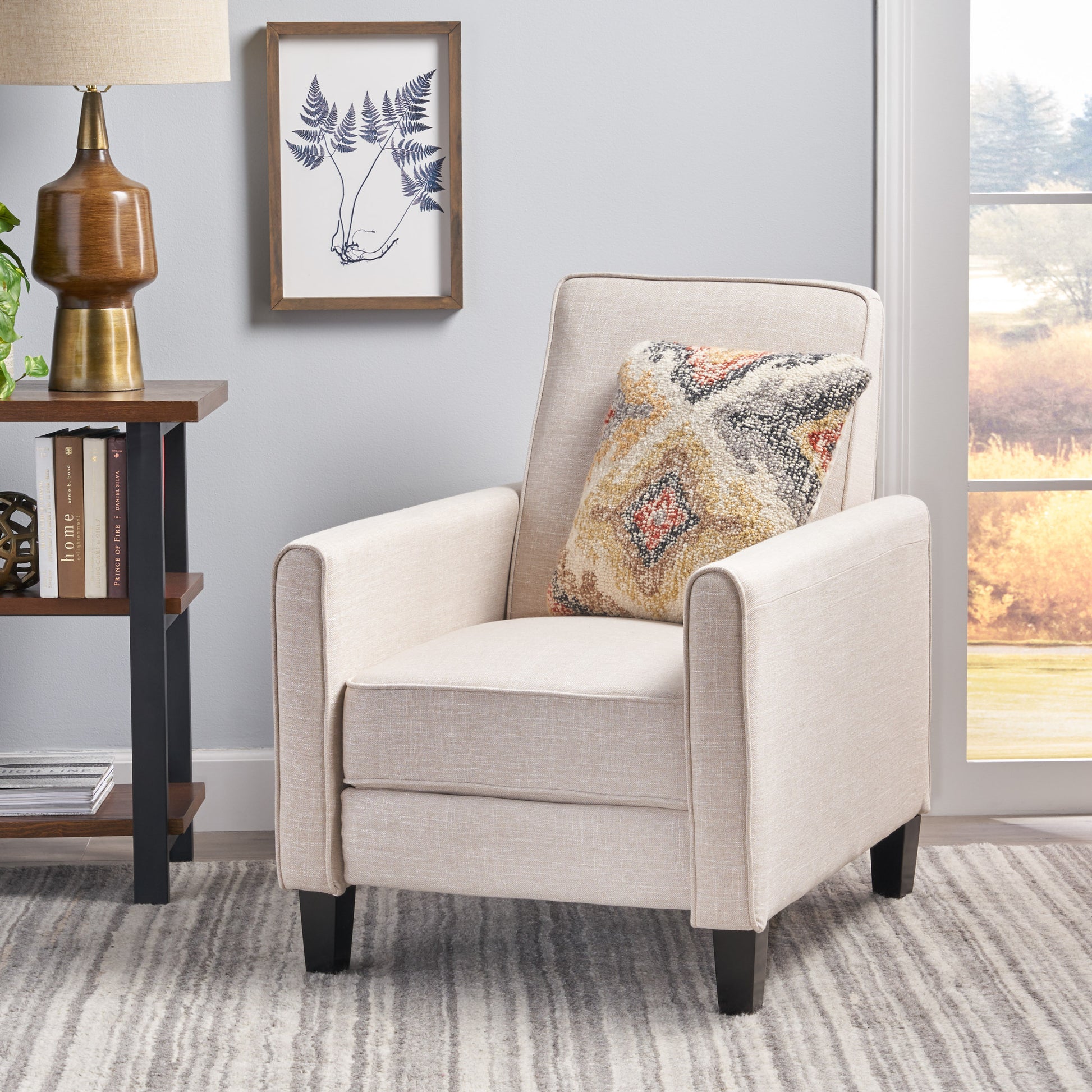27.5" Push Back Recliner Chair Upholstered Recliner Armchair with Solid Beech Wood Legs for Living Room and Bedroom(Old SKU:52422.00FLBEI), Light Beige image 1