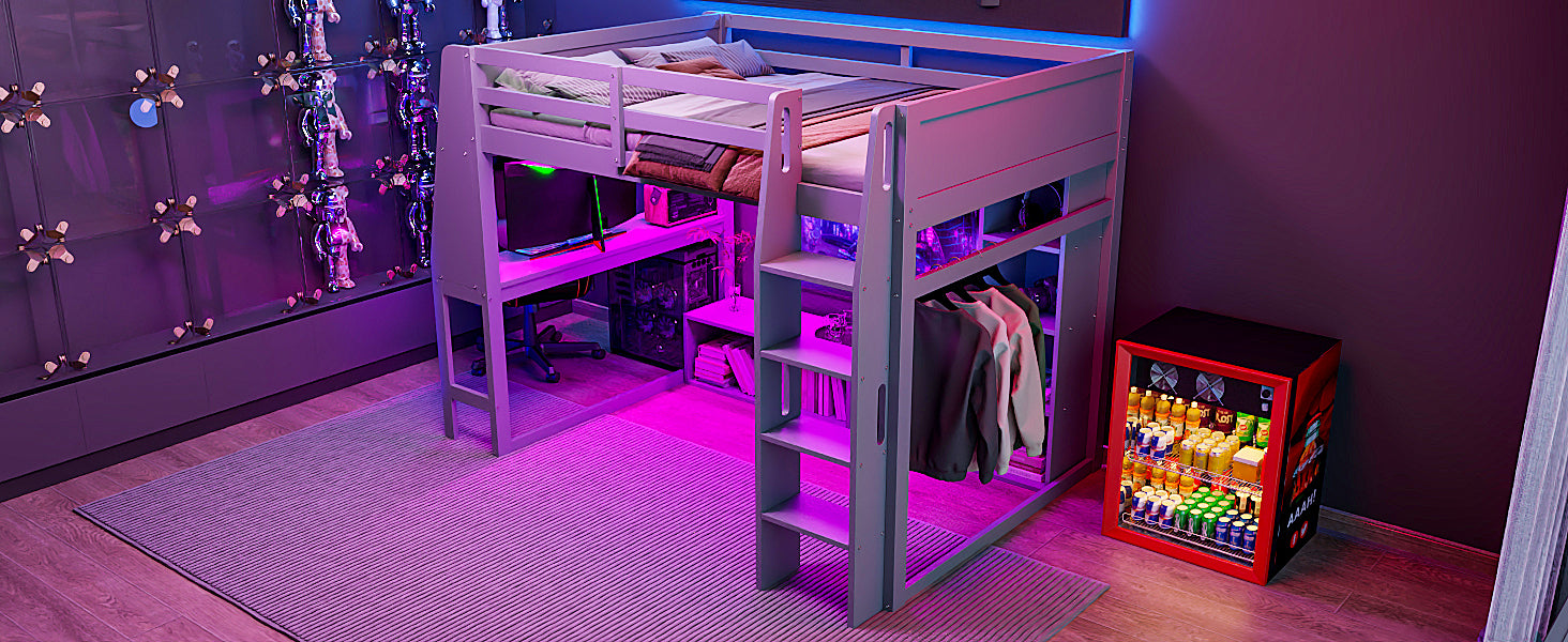 Wood Full Size Gaming Loft Bed with Desk, Multi-storage Shelves, LED and a Hanging Clothes Rack, Gray(Old SKU:N7090001042E) image 7