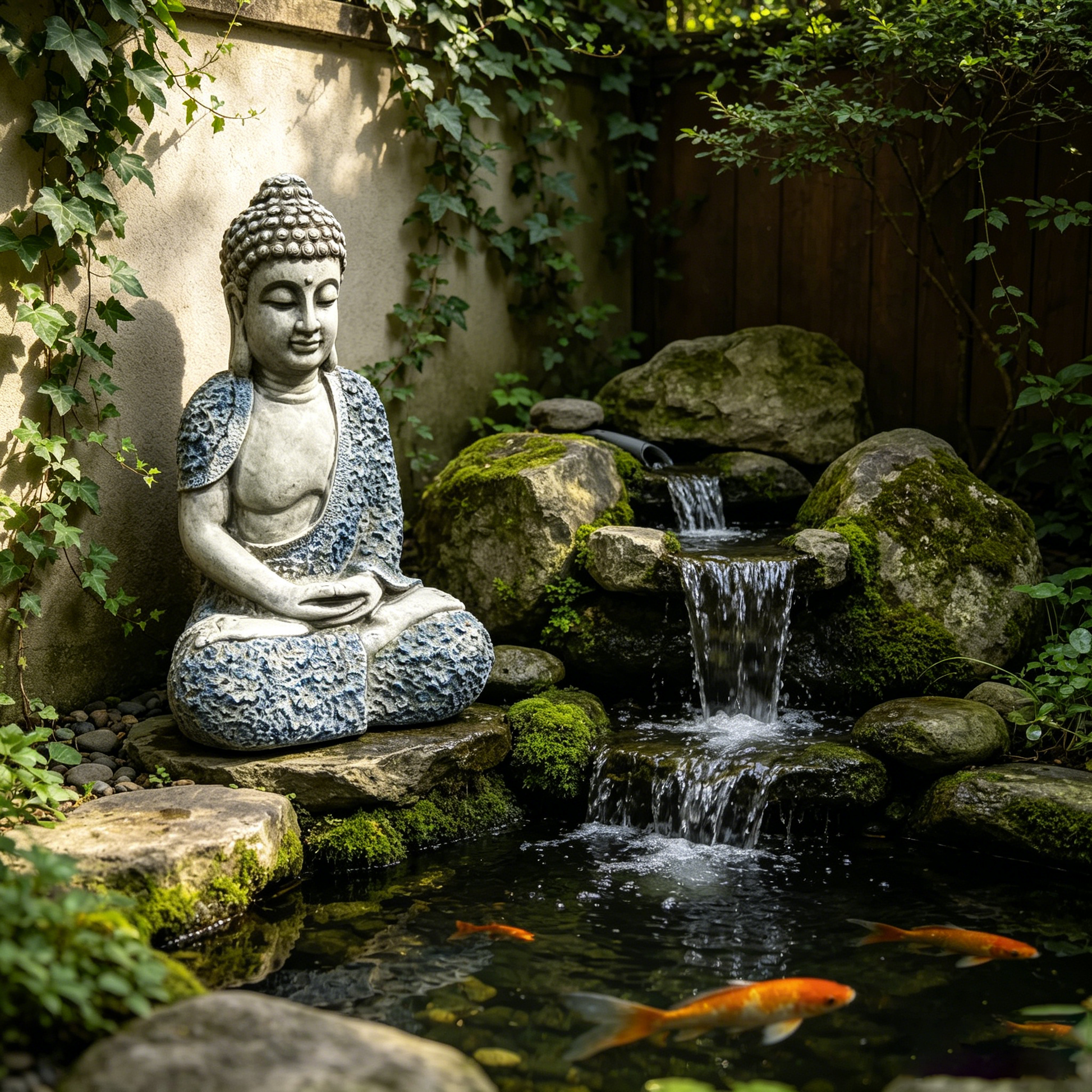 16'' Weatherproof Resin Buddha Garden Statue, Blue Floral Accent Meditating Buddha Figurine, Outdoor Zen Decor for Patio, Yard, Lawn & Landscape image 2