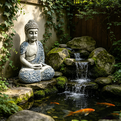 16'' Weatherproof Resin Buddha Garden Statue, Blue Floral Accent Meditating Buddha Figurine, Outdoor Zen Decor for Patio, Yard, Lawn & Landscape image 2