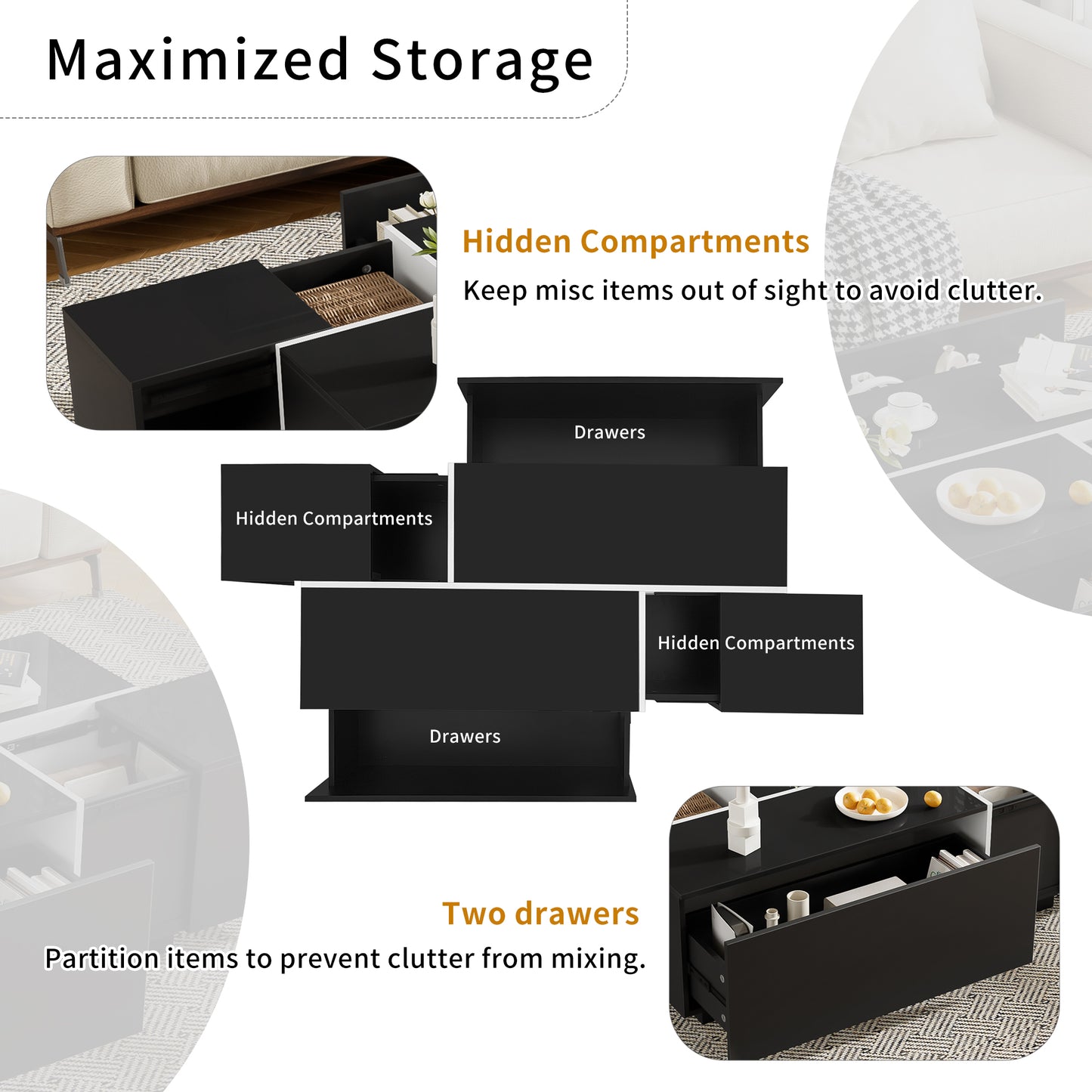 U-Can 47.2''-72.7'' Extendable Coffee Table, Multi-Functional Coffee Table with High-Gloss Finish, Coffee Table with 2 Hidden Storage Space and 2 Drawers for Living Room image 4