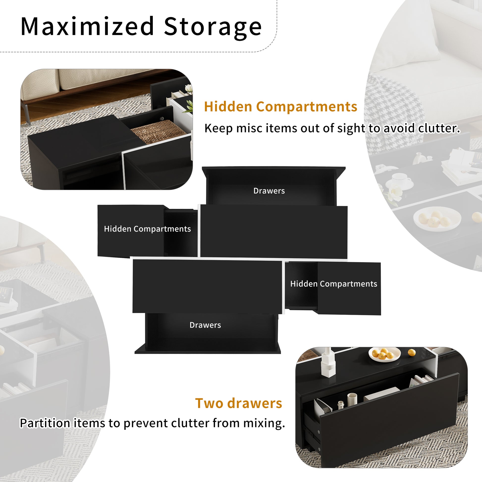 U-Can 47.2''-72.7'' Extendable Coffee Table, Multi-Functional Coffee Table with High-Gloss Finish, Coffee Table with 2 Hidden Storage Space and 2 Drawers for Living Room image 4