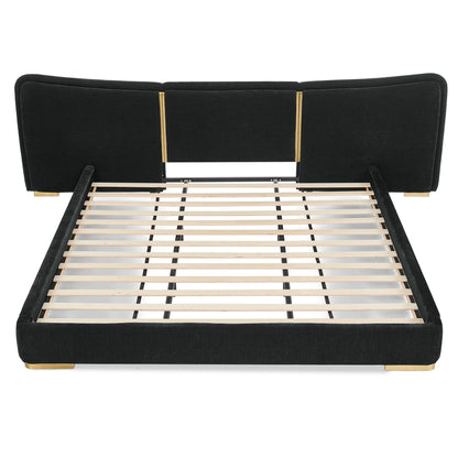 King Size Extra Large Platform Bed, Soft Chenille Fabric Frame, Curved Headboard, Reinforced Electroplated Metal Legs, Flexible DIY Side Space Design-Black image 12