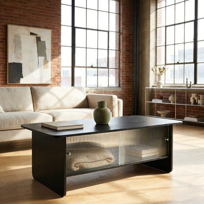 47" Coffee Table With Storage, Rectangular Modern Minimalist Center Table, Fluted Glass Sliding Doors For Living Room Bedroom Guest Room, Black. image 4