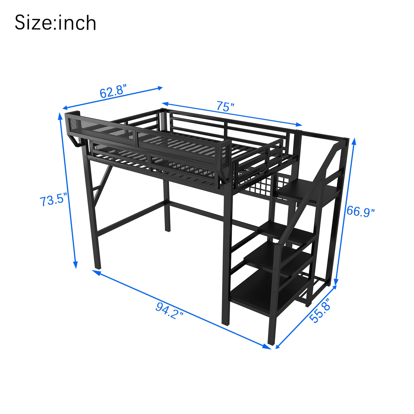Full Size Loft Bed with Charging Station, Metal Full Loft Bed with Light and Storage, High Loft Bed with Wardrobe and Storage for Kids Teens Adults, Black(Old SKU W2580S00051) image 9
