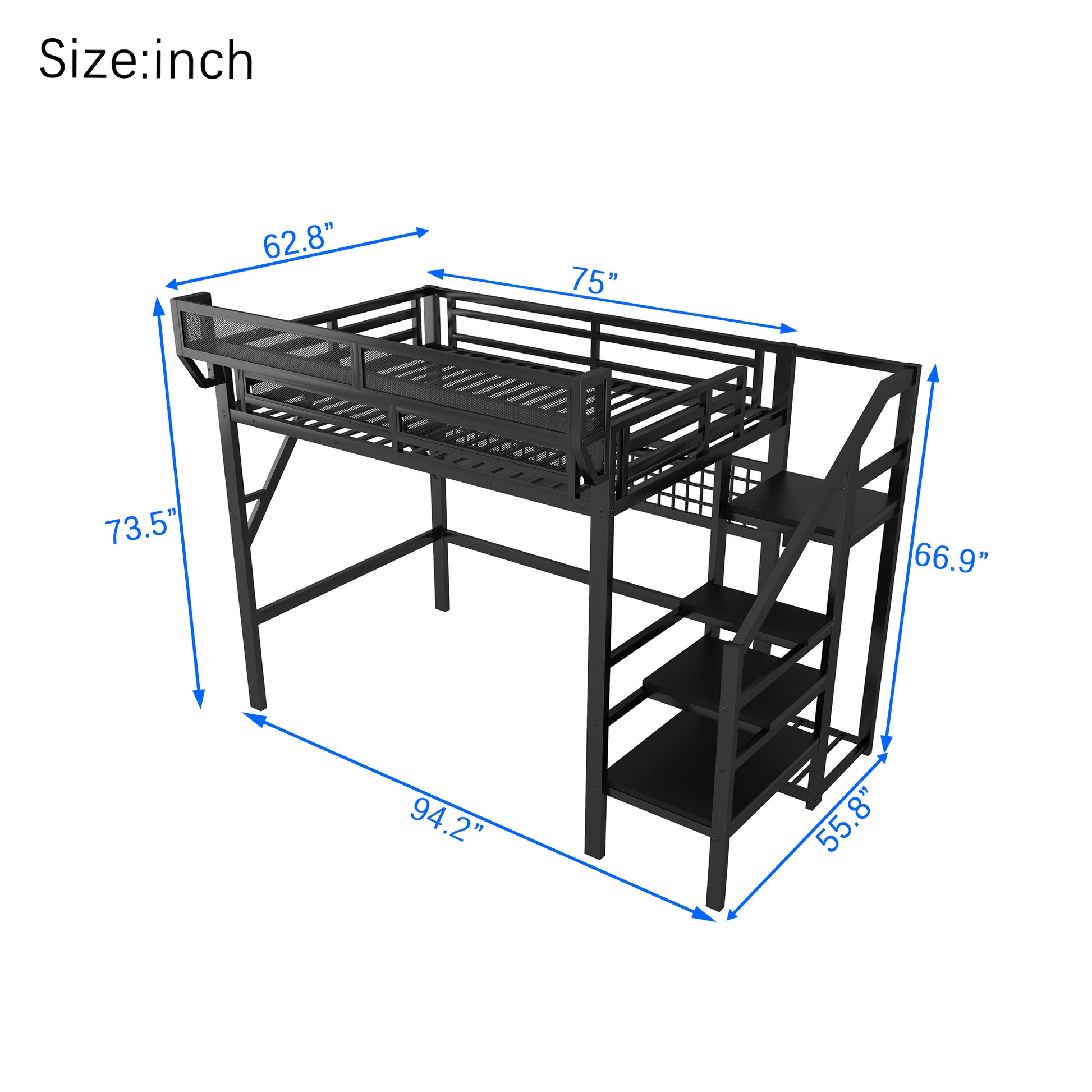 Full Size Loft Bed with Charging Station, Metal Full Loft Bed with Light and Storage, High Loft Bed with Wardrobe and Storage for Kids Teens Adults, Black(Old SKU W2580S00051) image 9