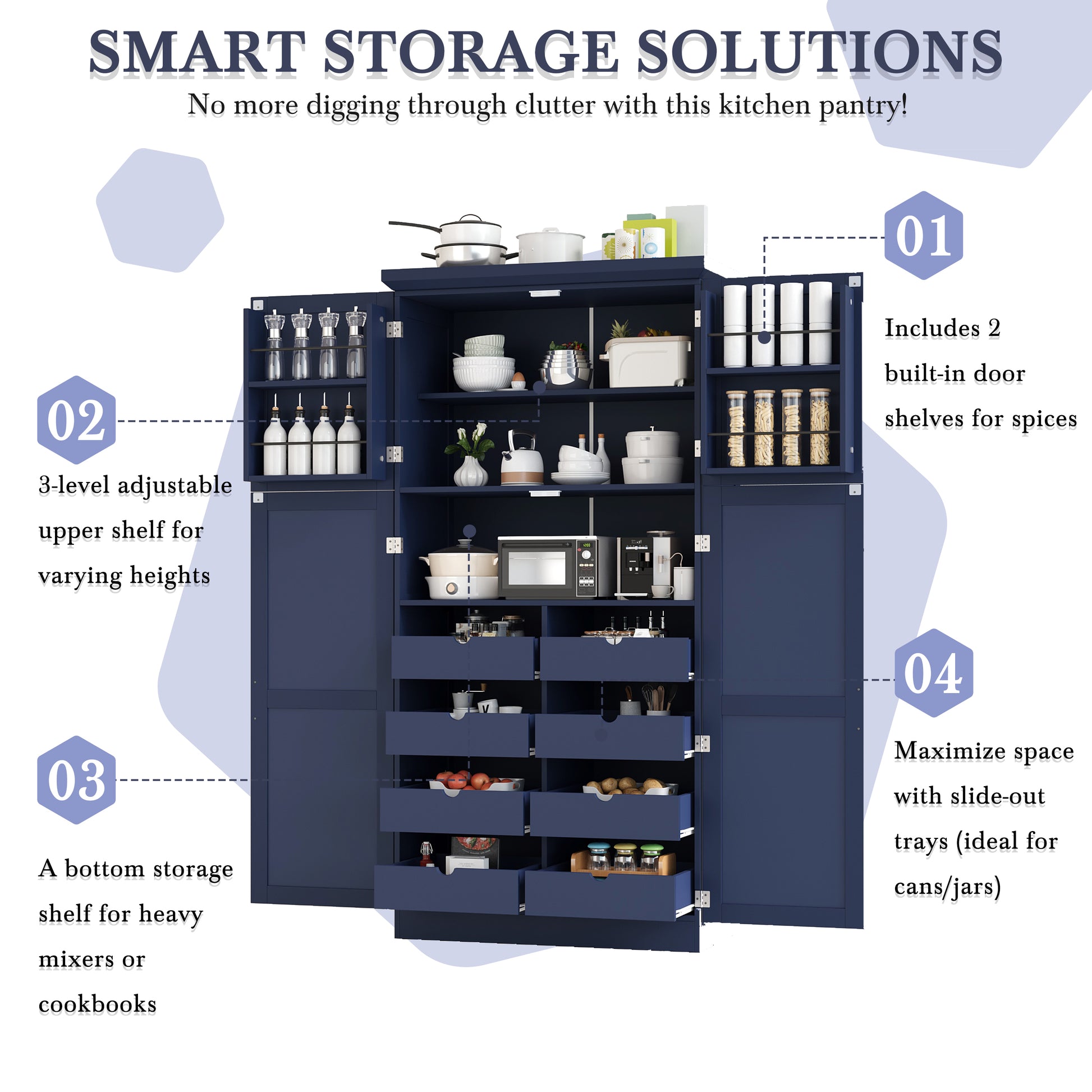 [Assembly Video Provided] TOPMAX 35.5x17.6x70.9inch Freestanding Kitchen Pantry Cabinet, Tall Storage Cabinet with 4 Doors, 2 Door Shelves, 8 Pull-out Trays and Adjustable Shelf for Dining Room, Blue image 8