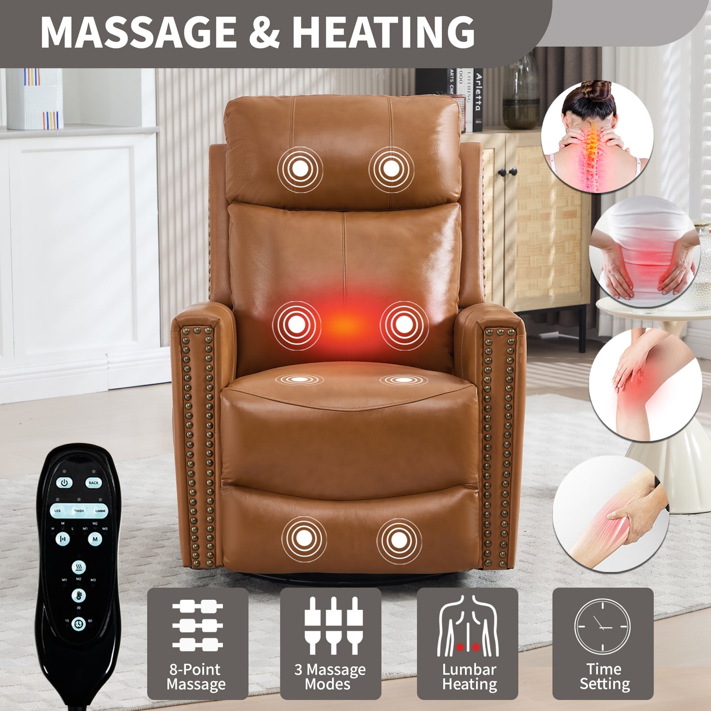 Orange Gnuine Leather Heat Massage Manual Recliner Chair with Rocker and Swivel for Living Room image 8