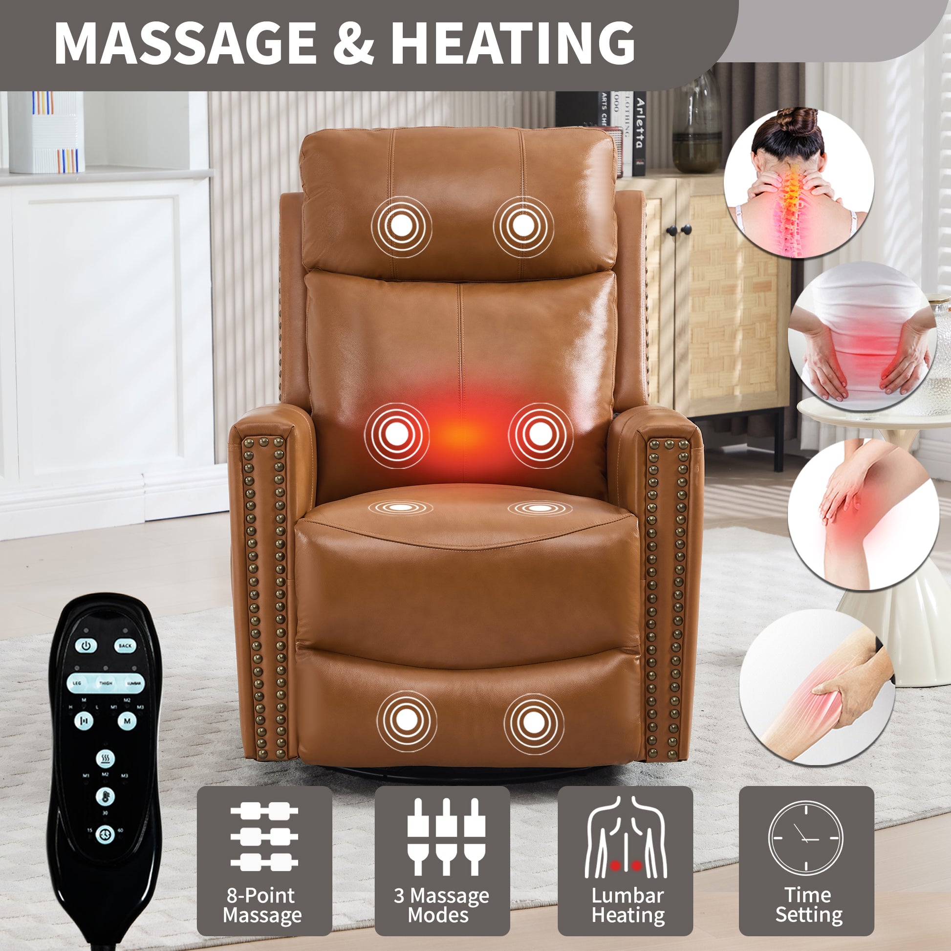 Orange Gnuine Leather Heat Massage Manual Recliner Chair with Rocker and Swivel for Living Room image 8