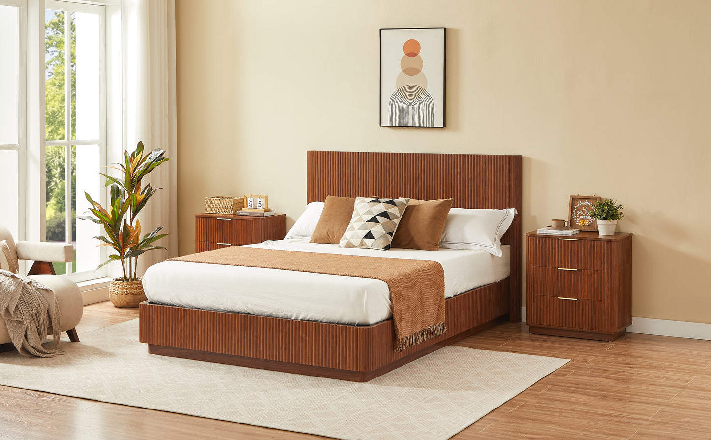 3 Drawers Nightstand Set of 2, 23.6'' Wide Modern Chest of Drawers Curved wave Design, Nightstand, Wood Drawer Organizer for Bedroom, Living Room, Hallway, Walnut,23.6''W x 15''D x 25.2''H. image 11