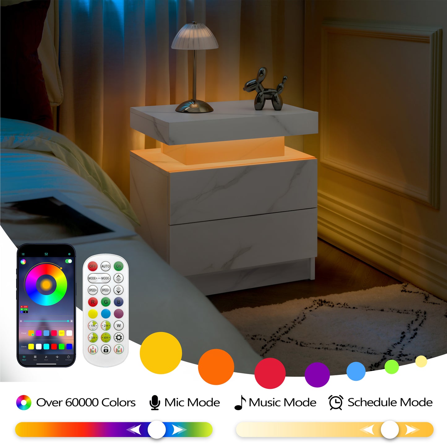 Nightstand LED Bedside Table Cabinet Lights Modern End Side with 2 Drawers for Bedroom (White Stone) image 4