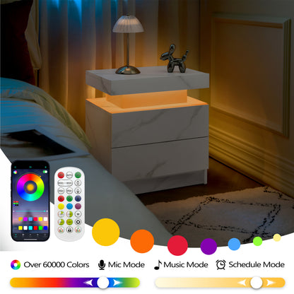 Nightstand LED Bedside Table Cabinet Lights Modern End Side with 2 Drawers for Bedroom (White Stone) image 4