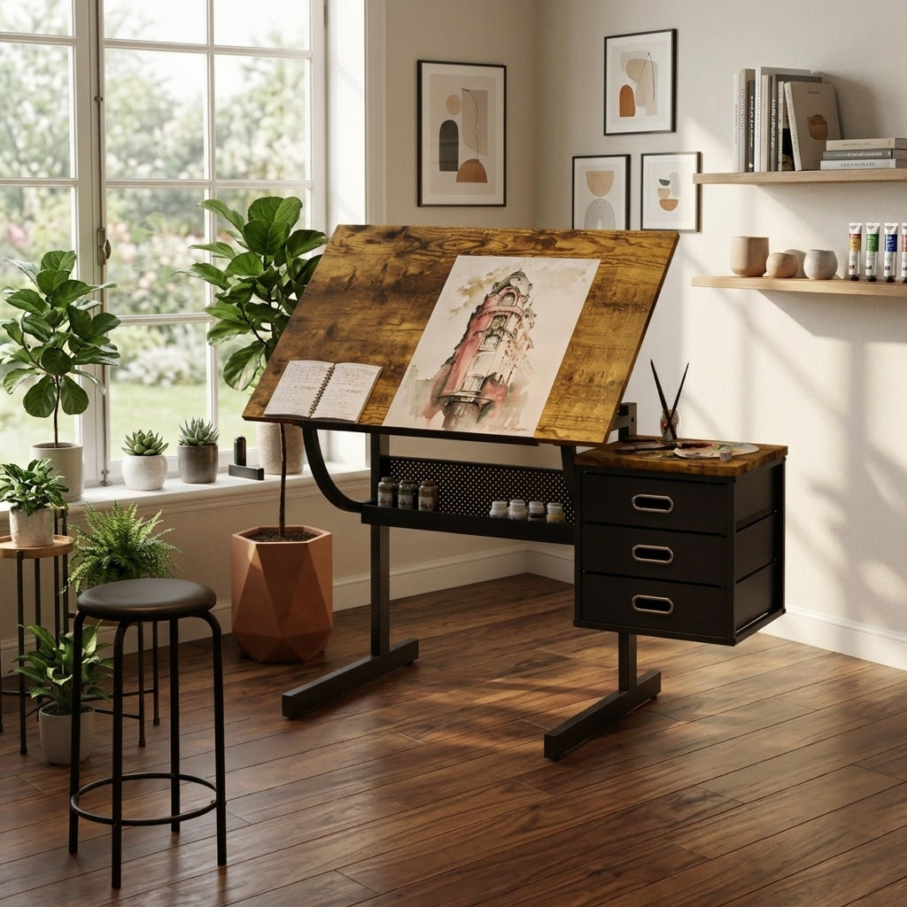 Black drafting drawing table with stool and 3 drawers image 1