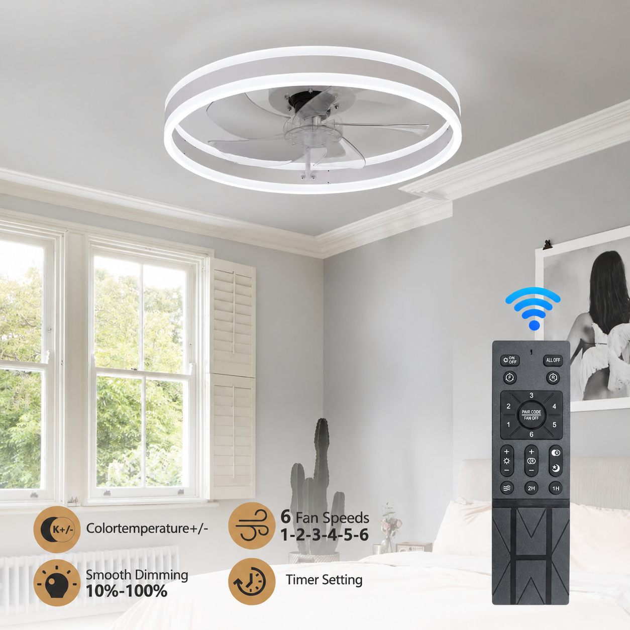 20" Flush Mount Ceiling Fans with Lights and Remote, 3000K-6000K Dimmable LED Fandelier Low Profile Chandelier Ceiling Fan for Bedroom Living Room, White image 8