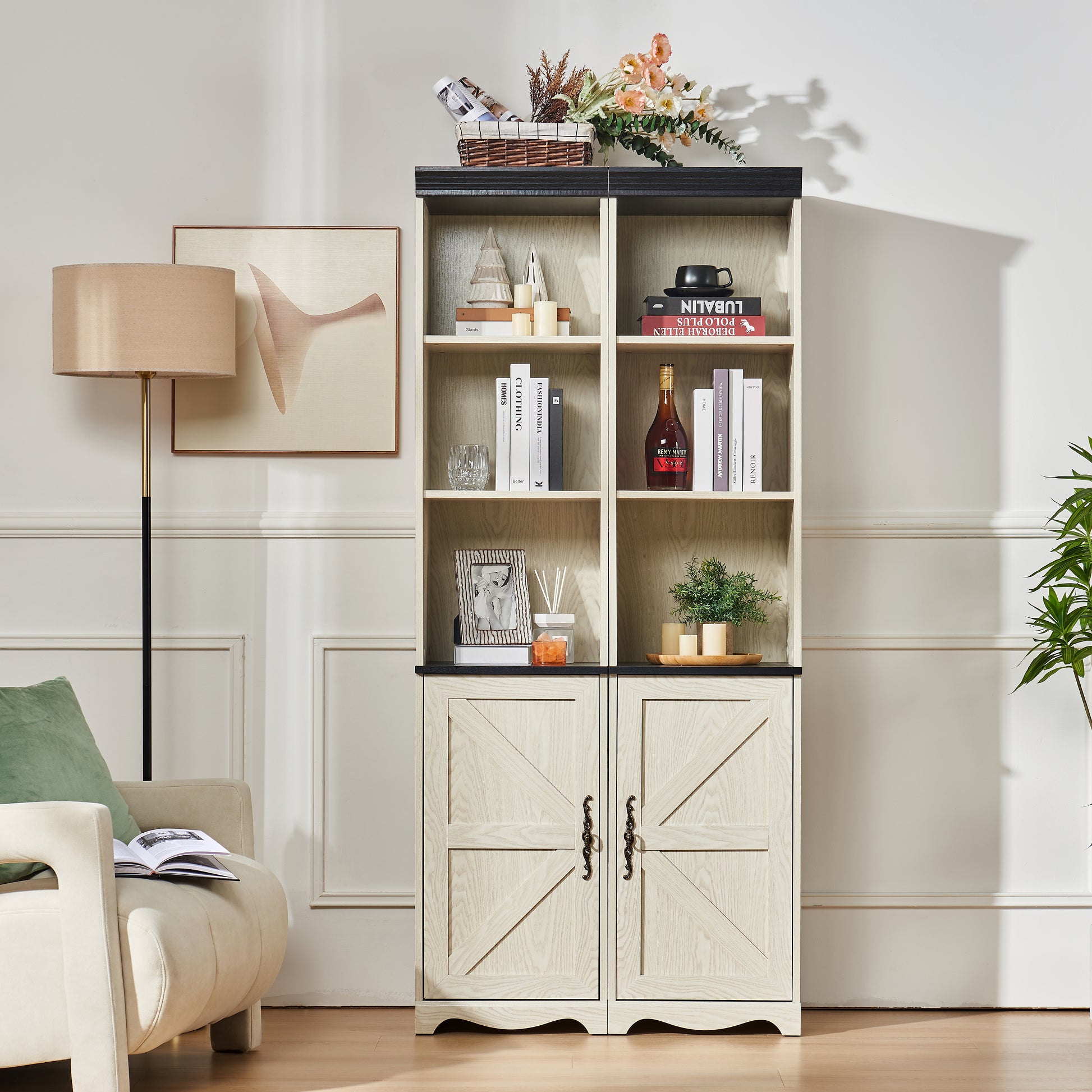 Farmhouse Tall Storage Cabinet with Adjustable Shelves, 3D Wood Grain Finish MDF Bookcase, Open Display Cubbies & Closed Barn Door Storage, Freely Combinable Bookshelf for Bedroom Living Room Office image 1