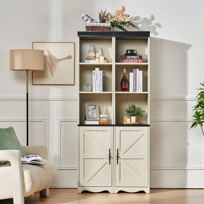 Farmhouse Tall Storage Cabinet with Adjustable Shelves, 3D Wood Grain Finish MDF Bookcase, Open Display Cubbies & Closed Barn Door Storage, Freely Combinable Bookshelf for Bedroom Living Room Office image 1