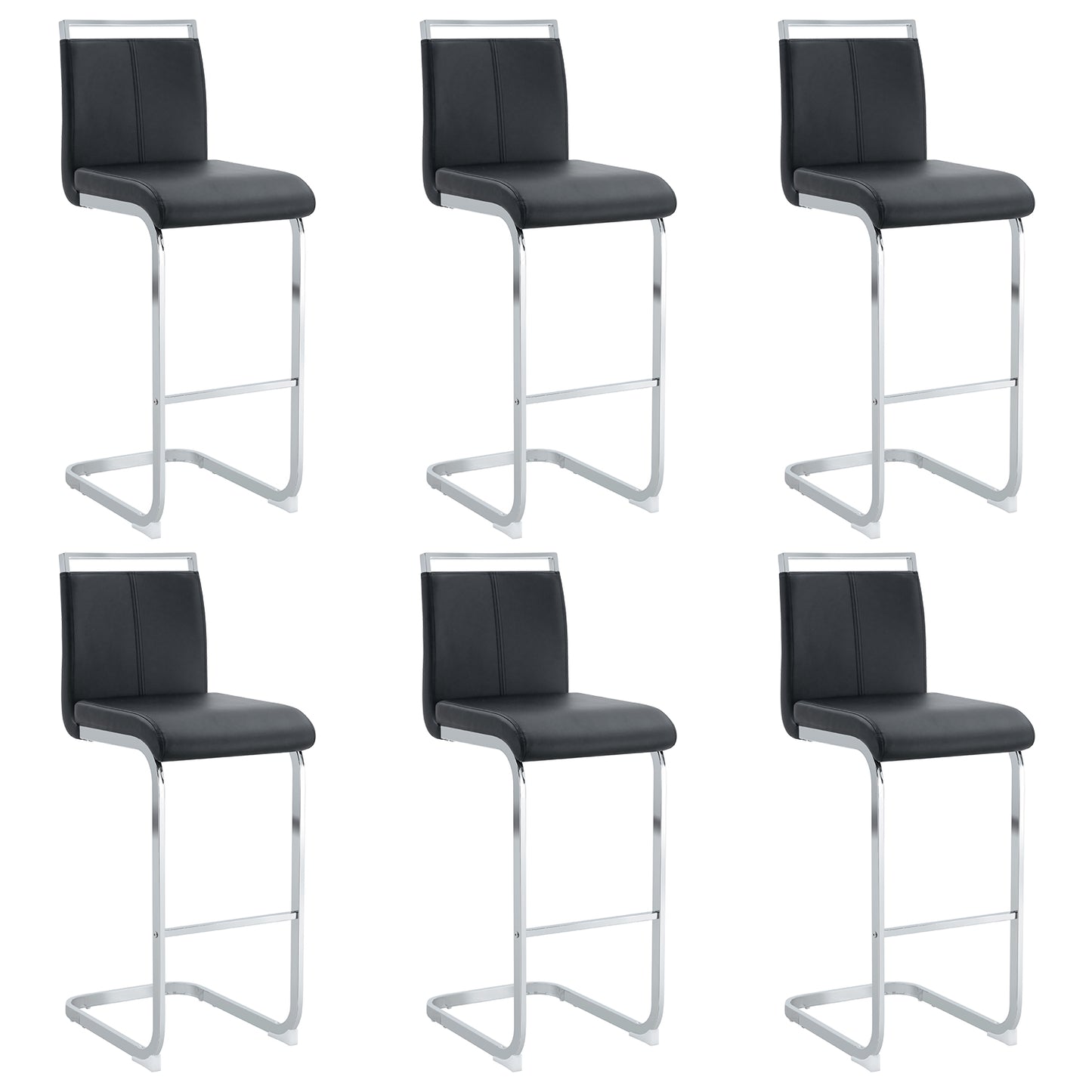 Modern and beautiful bar stool upholstered in PU leather with C-shaped silver metal legs for dining rooms, kitchens, terraces and guest office chairs.(set of 6) (black+PU) image 1