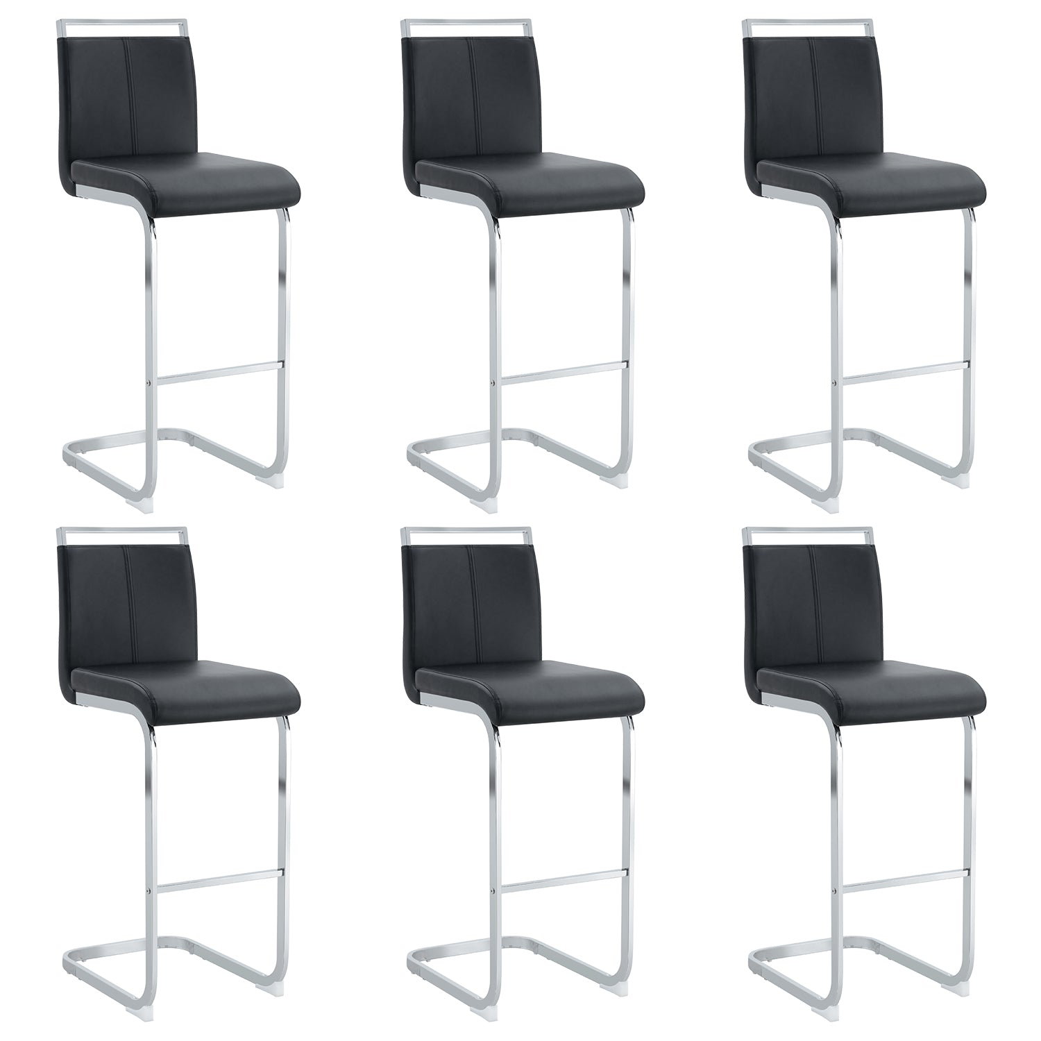 Modern and beautiful bar stool upholstered in PU leather with C-shaped silver metal legs for dining rooms, kitchens, terraces and guest office chairs.(set of 6) (black+PU) image 1