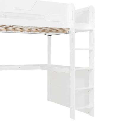 Full Size Wooden Gaming Loft Bed with U-Shaped Desk, Smart RGB LED Lights and USB Ports, Multi-Functional High Sleeper with 3 Drawers and Storage Shelves for Teens Adults, White image 12