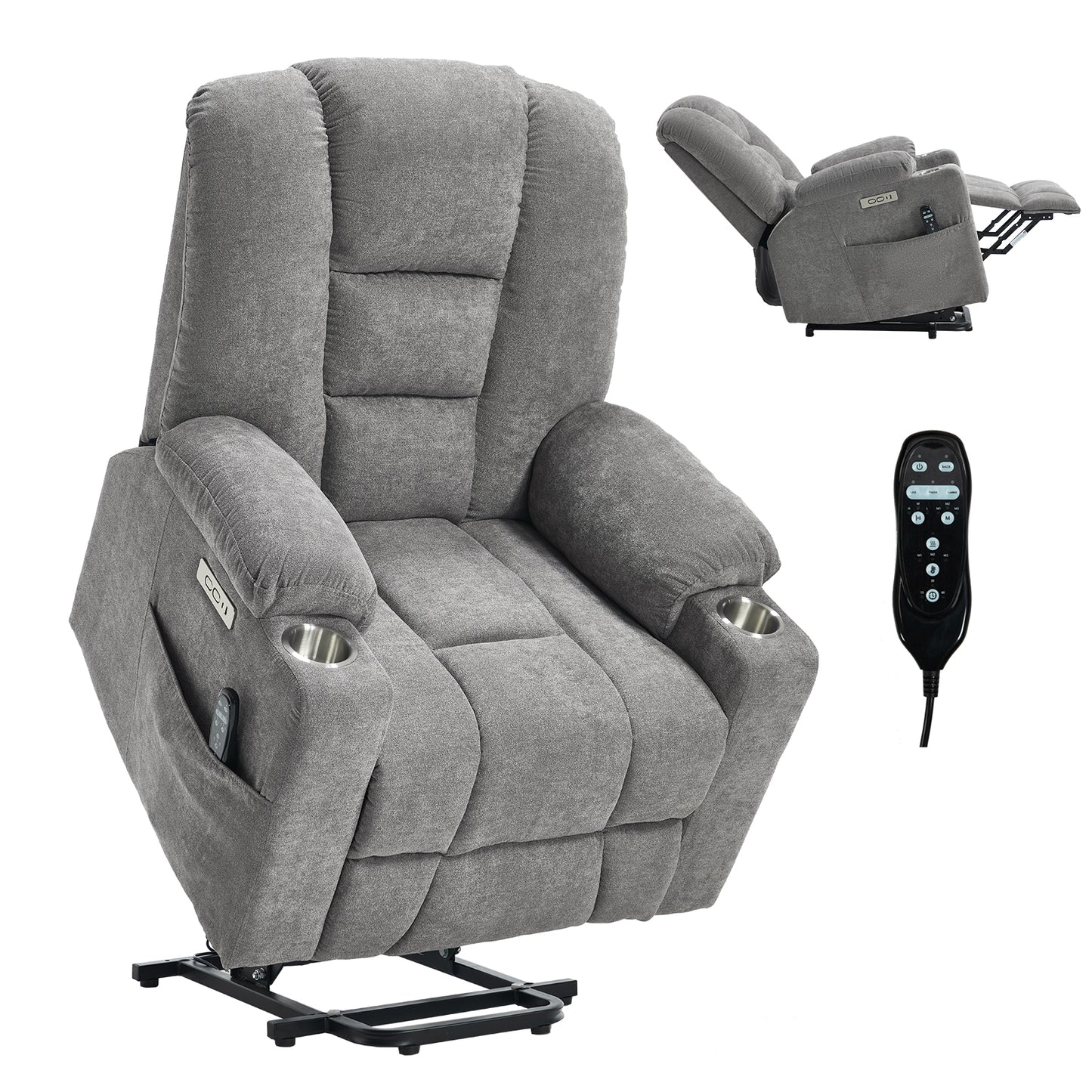 Power Lift Recliner Chair with Massage and Heat for Elderly, Overstuffed Wide Recliners, Heavy Duty Motion Mechanism with USB and Type C Ports, 2 Steel Cup Holders, Light Grey image 12