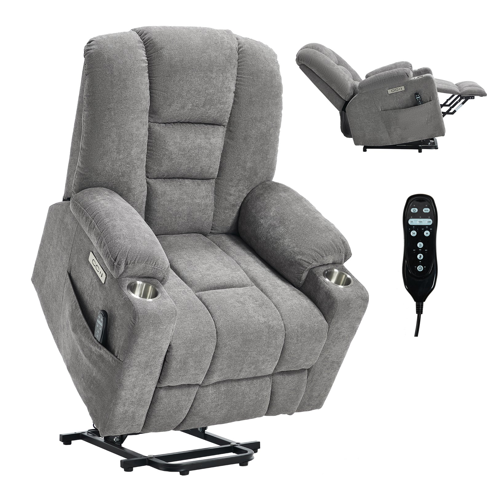 Power Lift Recliner Chair with Massage and Heat for Elderly, Overstuffed Wide Recliners, Heavy Duty Motion Mechanism with USB and Type C Ports, 2 Steel Cup Holders, Light Grey image 12