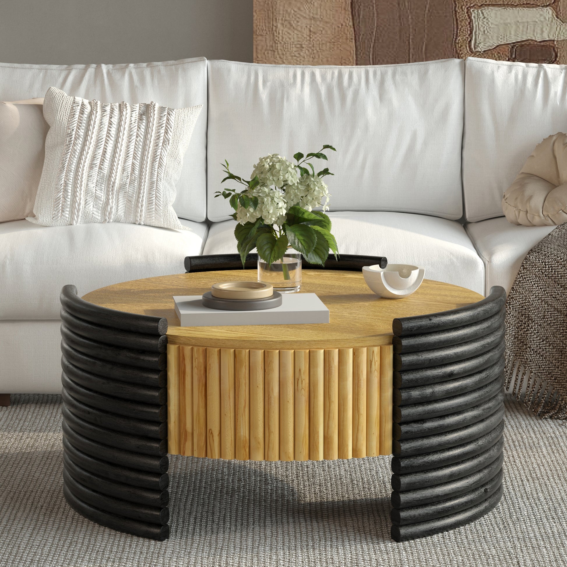 31.50" Modern Colorblocked Striped Coffee Table with Flip Top Storage Coffee Table - Natural Wood Finish for Living Room, Apartment, Office, Easy to Assemble, Wooden Color Tabletop + Dark Brown image 4
