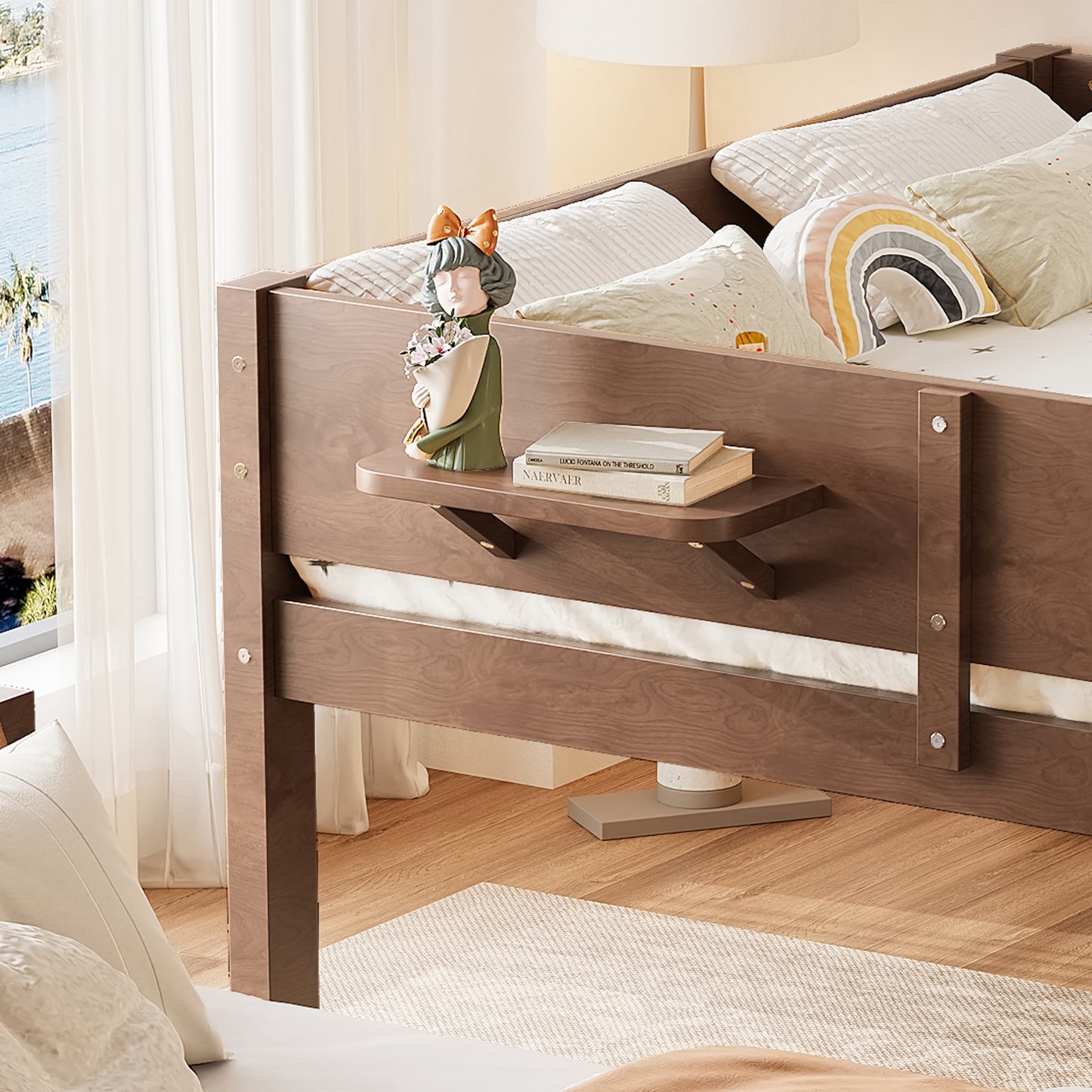 Queen over Queen Bunk Bed with Convenient Tray, Solid Wood Bunk Bed with Storage Shelves and Upgraded Slats,Vintage Brown image 5