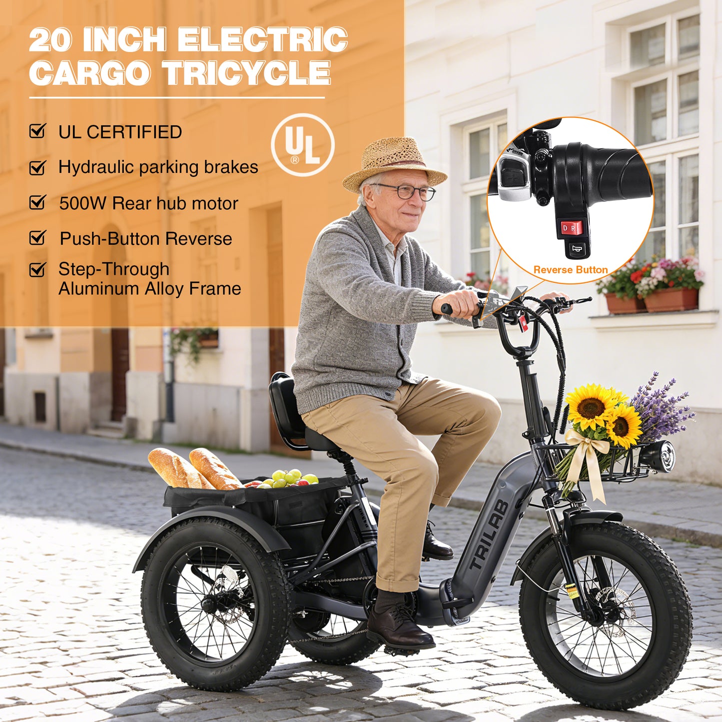 Electric Tricycle for Adults, 500W48V Folding Electric Trike, 20"x4.0"Fat Tire 3 Wheel Ebike,Step-Thru Aluminum Frame with Push-Button Reverse, Large Basket for Women Men image 2