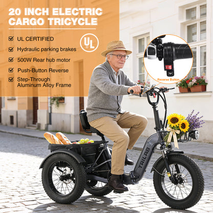 Electric Tricycle for Adults, 500W48V Folding Electric Trike, 20"x4.0"Fat Tire 3 Wheel Ebike,Step-Thru Aluminum Frame with Push-Button Reverse, Large Basket for Women Men image 2