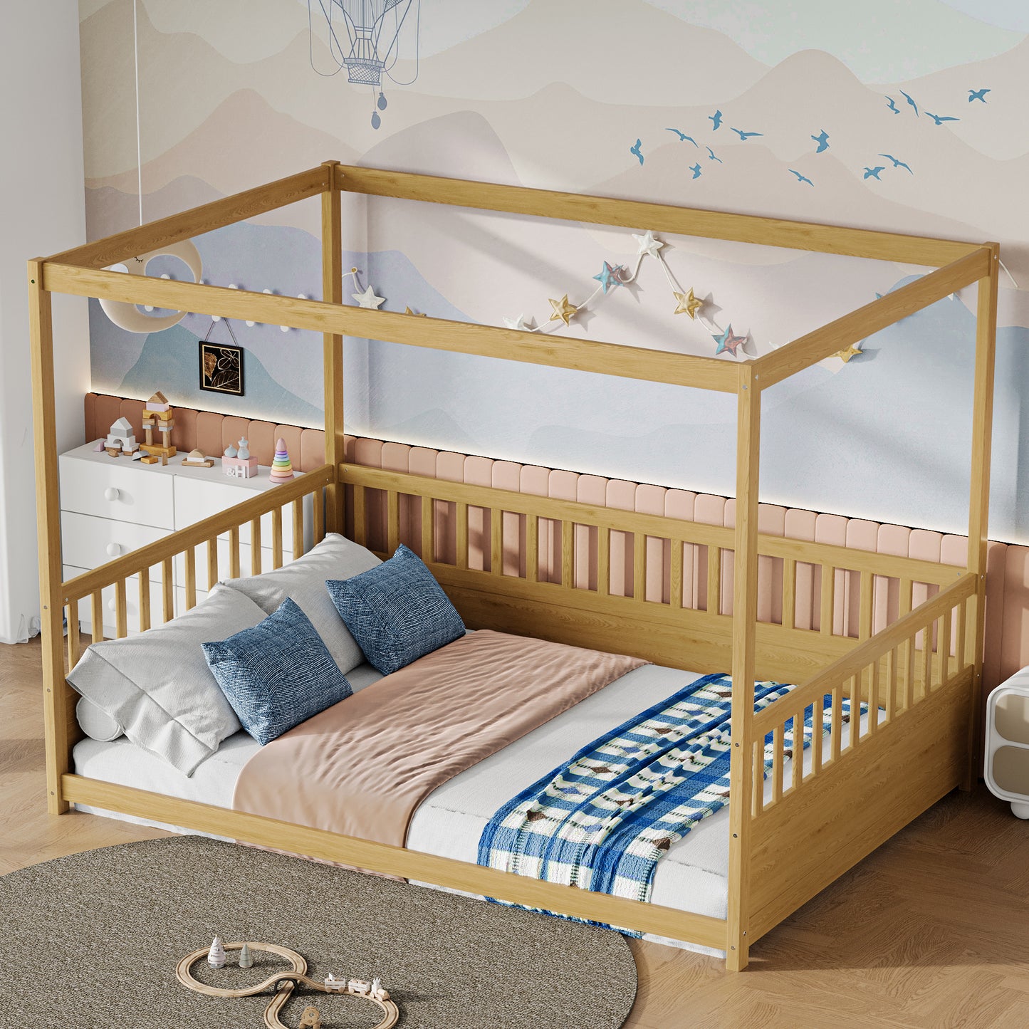 Full Size Canopy Bed Frame with Guardrails for Kids,Floor Bed Full with Four Poster Design,Kids Montessori Floor Bed,Wood Canopy Bed Frame for Girls,Boys(Full,Natural) image 2