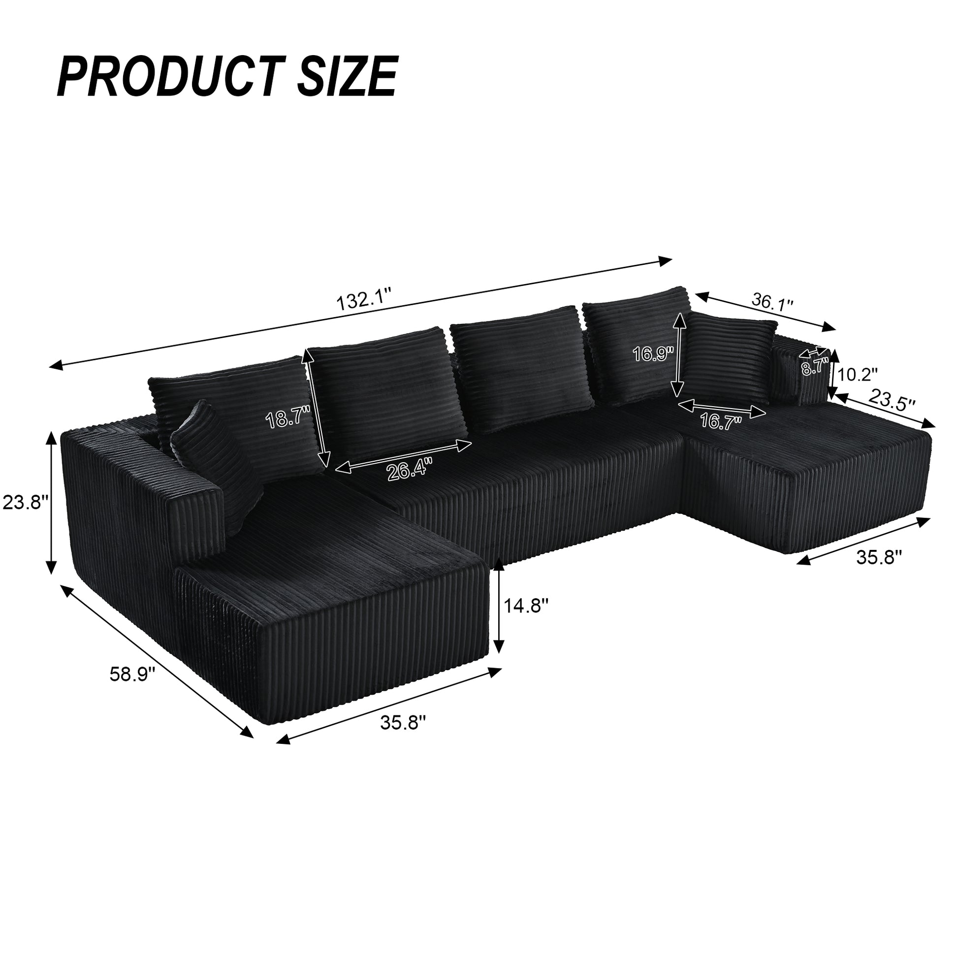 132.1 Inch Modular Sectional Sofa, U-Shaped Corduroy Sofa Couch with Double Chaise, Oversized Deep Seat Cloud Couch for Living Room, Apartment, Black image 4