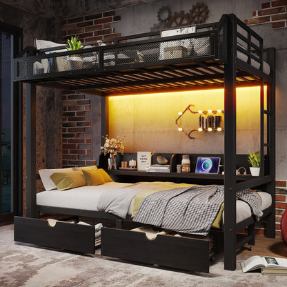 Twin over Twin Bunk Bed with Storage Shelves and Drawers,Multifunctional Metal Bunk Beds with USB Ports and LED Lights, Lower Bed that can be converted into a sofa, Black image 2