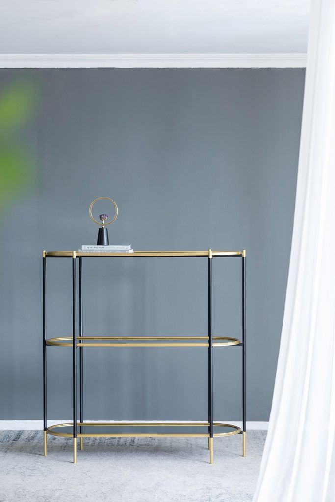 48.5x16.5x50" 3-Tier Metal Console Table Black Gold Mirrored Shelf - Front View
